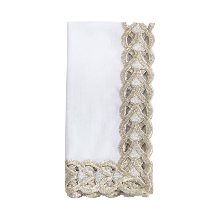 White and Gold Braided Border Square Napkin Set of 4