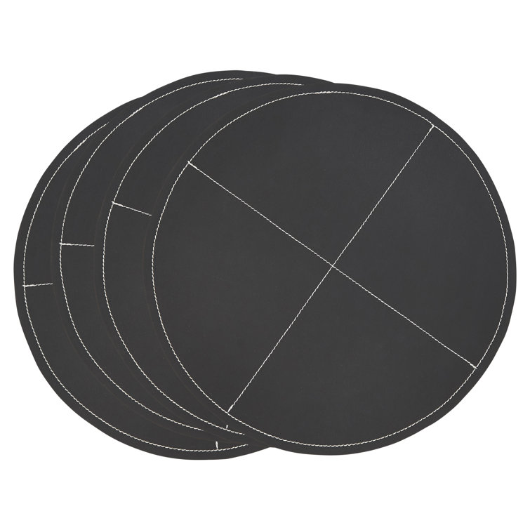 Black Faux Leather Round Placemats with Stitching, Set of 4