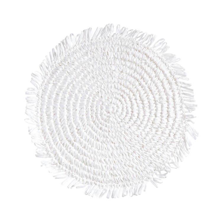 White Round Raffia Fringe Placemats, 14-inch Set of 4