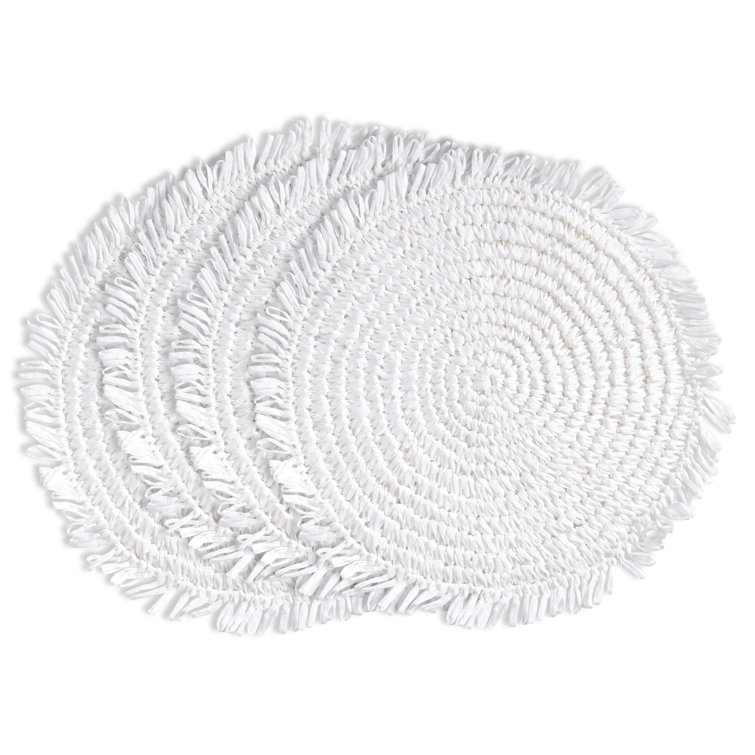 White Round Raffia Fringe Placemats, 14-inch Set of 4