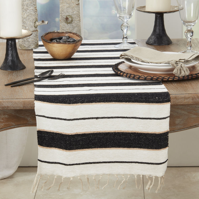 Black and White Cotton Striped Table Runner with Fringe, 16"x72"