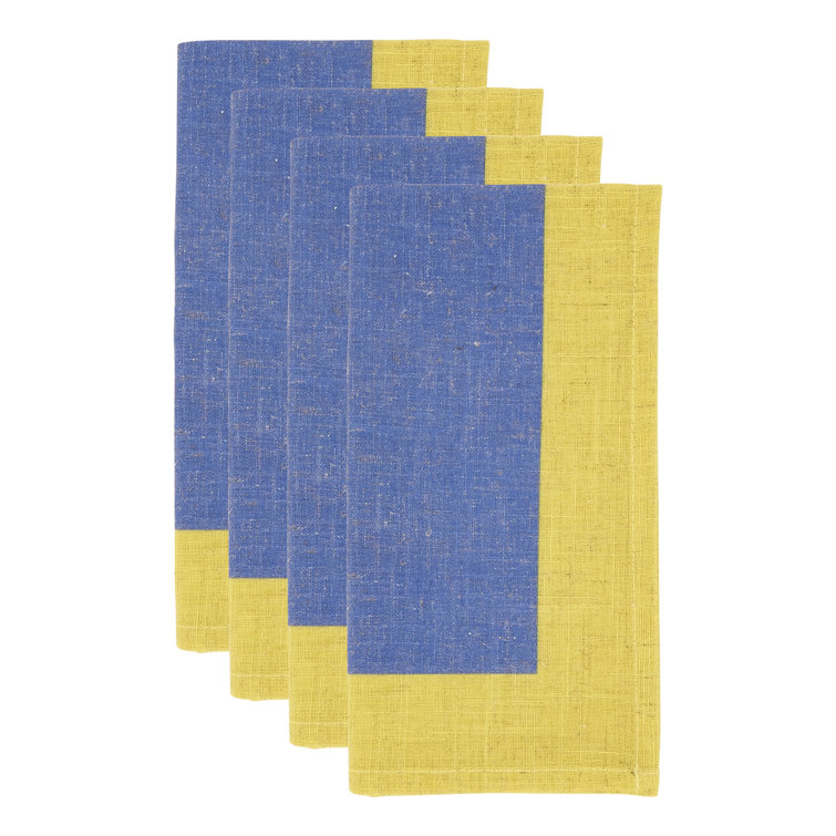 Colorful Block Border Blue and Yellow Linen Napkins, Set of 4