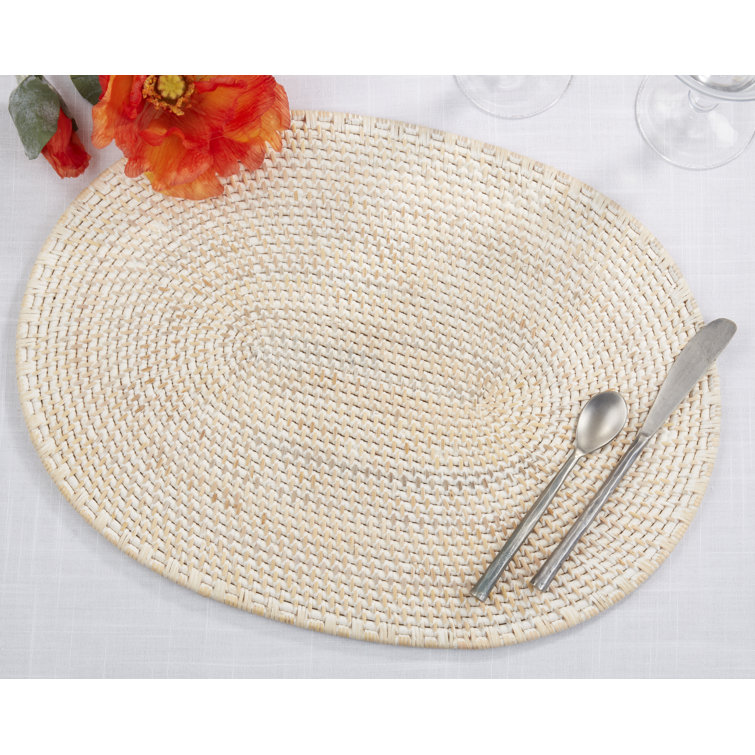 White Woven Rattan Oval Placemats, 14" x 19", Set of 4