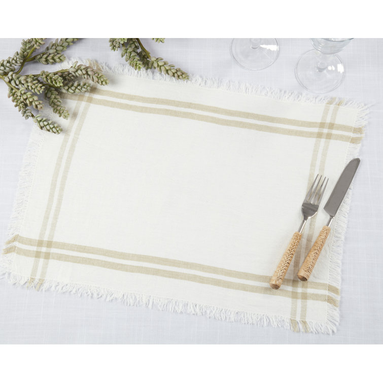 Natural Fringed Stripe Cotton Linen Rectangle Placemats, Set of 4