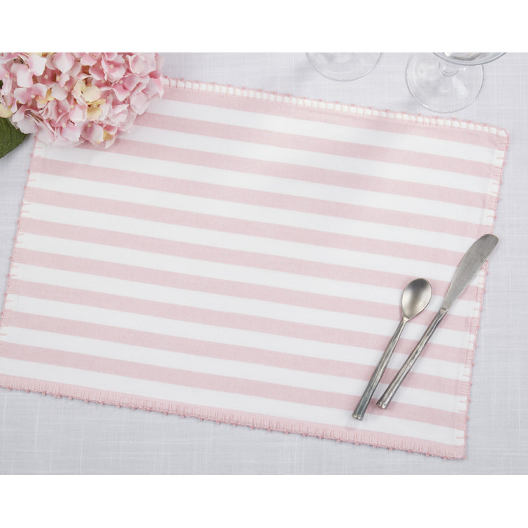 Pink and White Striped Cotton Rectangle Placemats with Pom Poms, Set of 4