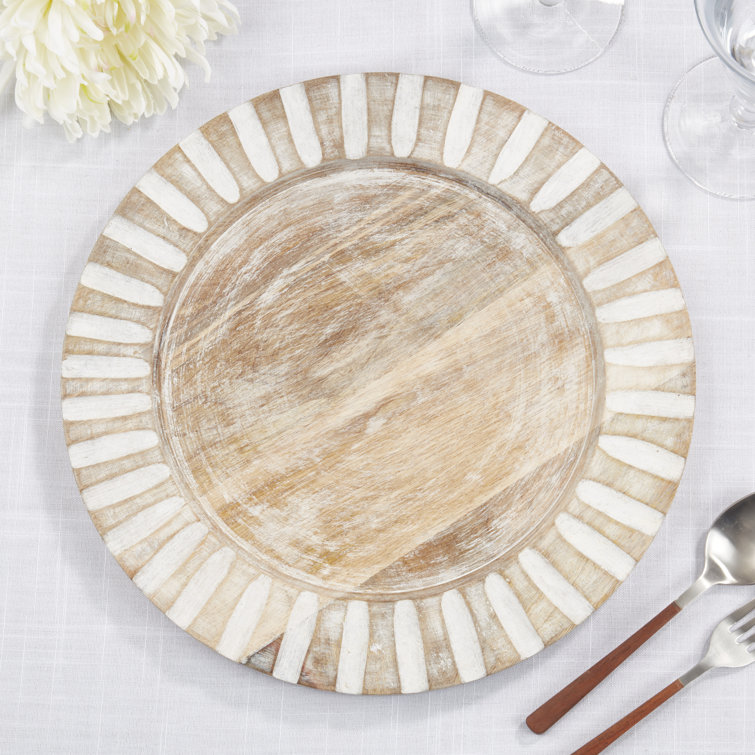 Light Brown Fluted Edge Wood Charger Plates Set of 4
