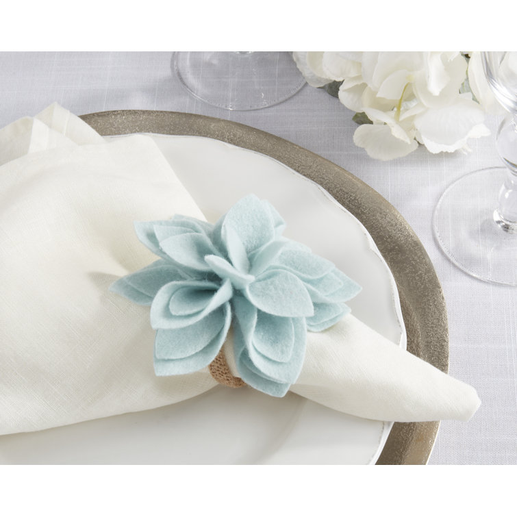 Aqua Felt Blossom and Jute Napkin Rings, Set of 4