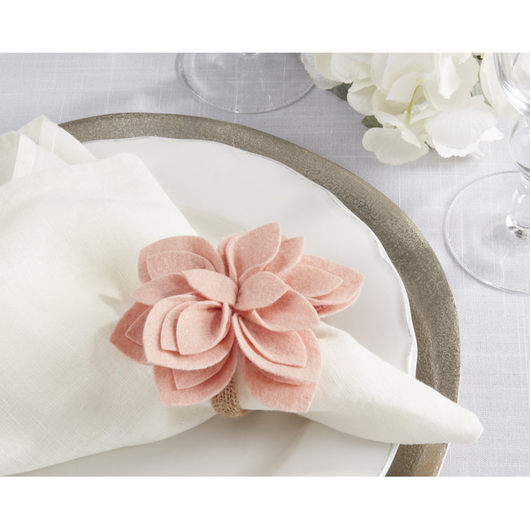 Set of 4 Rose Felt Blossom Napkin Rings with Jute