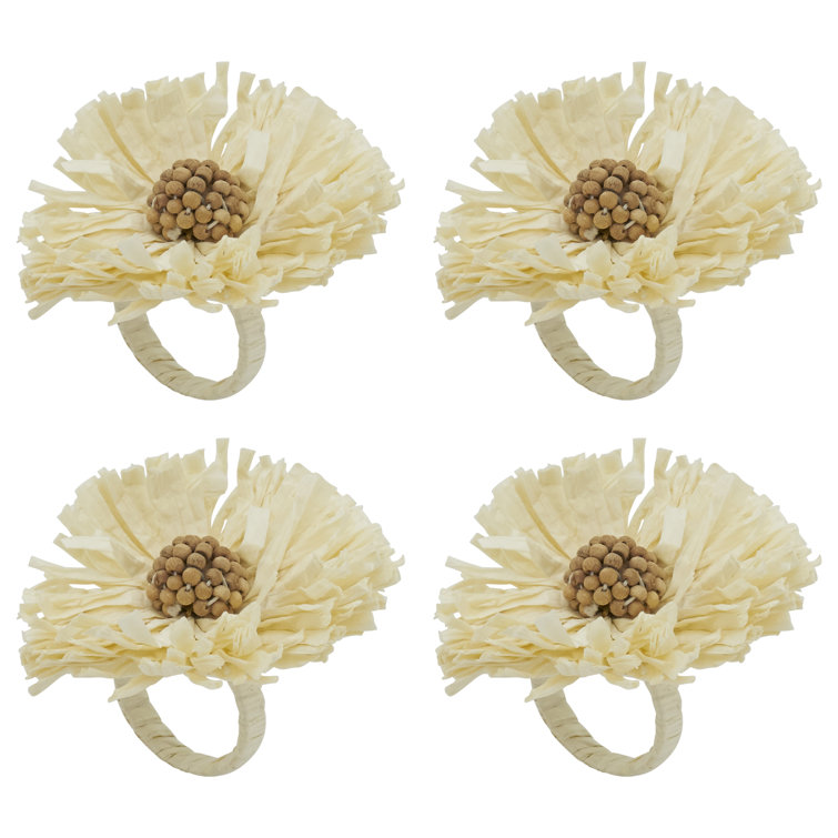 Ivory Raffia Flower Napkin Rings Set of 4