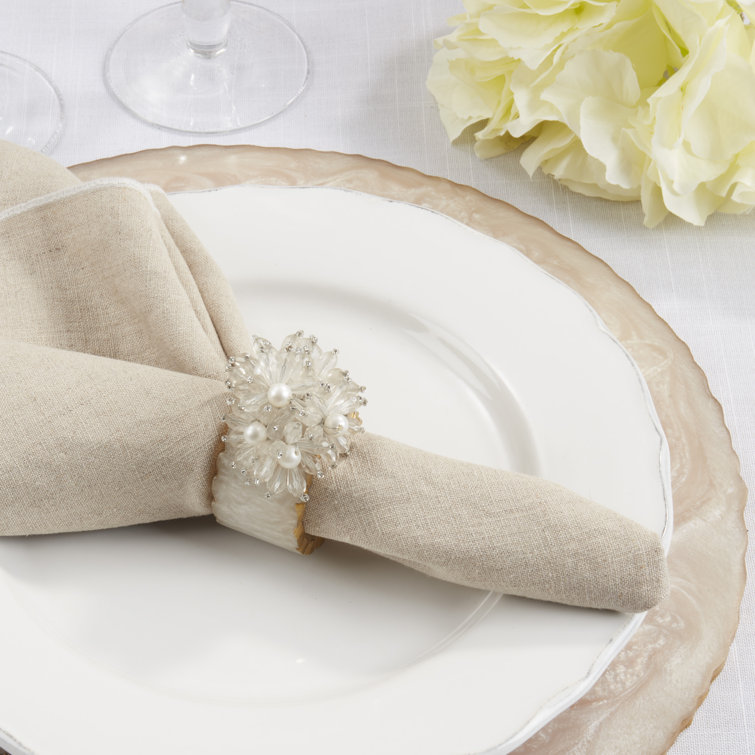 Clear Beaded Floral Iron Napkin Rings, Set of 4