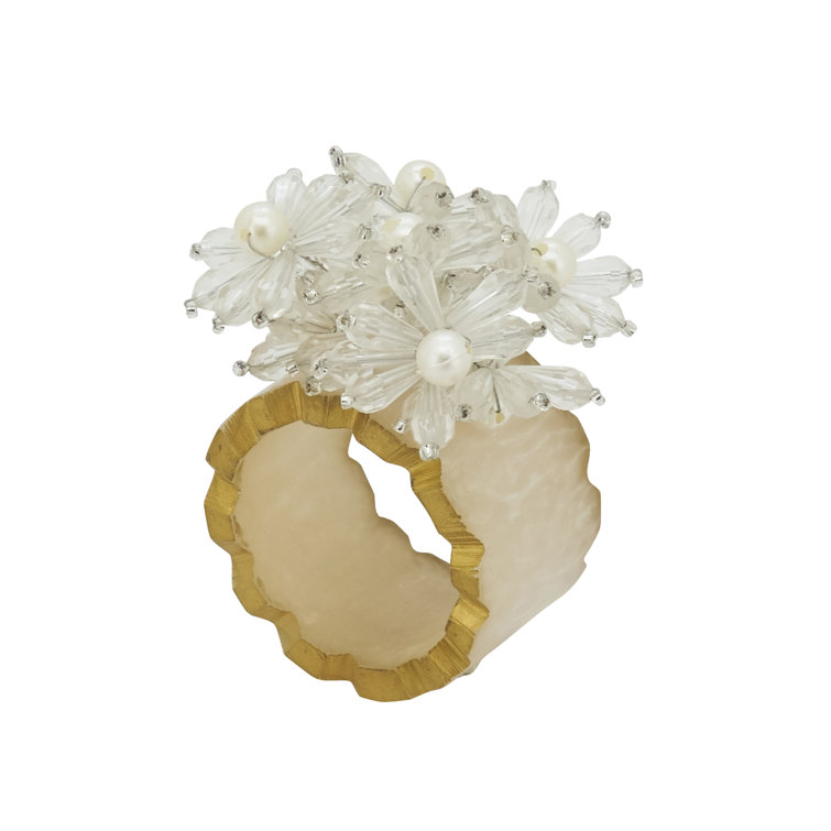Clear Beaded Floral Iron Napkin Rings, Set of 4