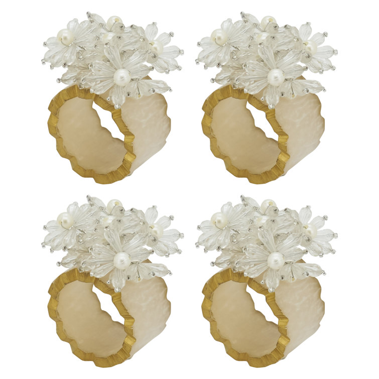 Clear Beaded Floral Iron Napkin Rings, Set of 4
