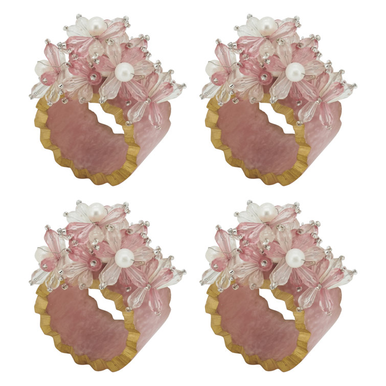 Pink Floral Beaded Iron Napkin Rings, Set of 4