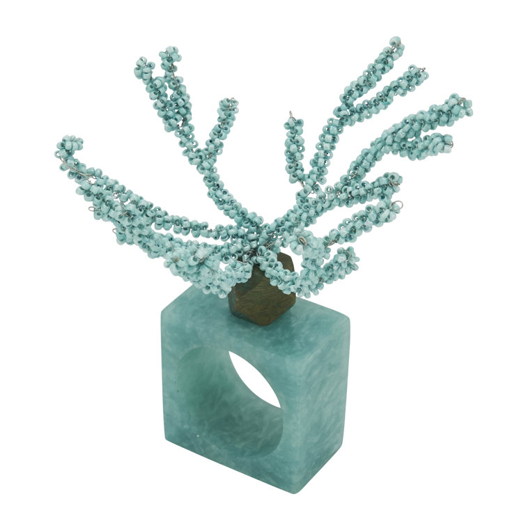 Aqua Beaded Coral Design Iron Napkin Rings, Set of 4