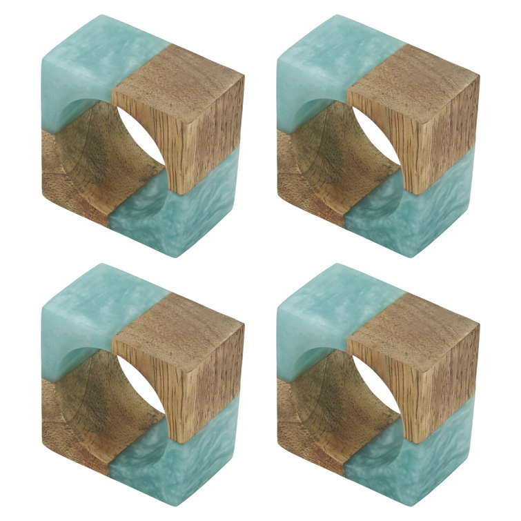 Aqua and Wood Fusion Resin Napkin Rings Set of 4
