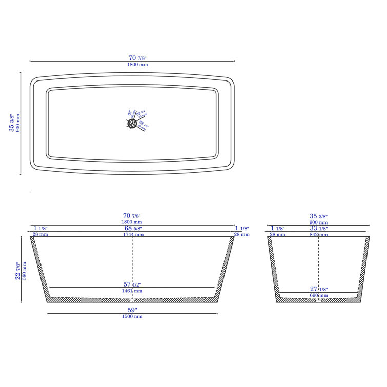 71'' Gray Matte Concrete Rectangular Freestanding Bathtub