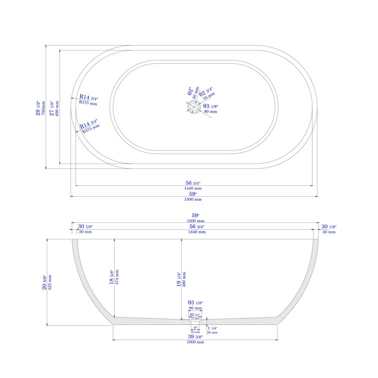 59'' Gray Matte Solid Concrete Oval Freestanding Bathtub