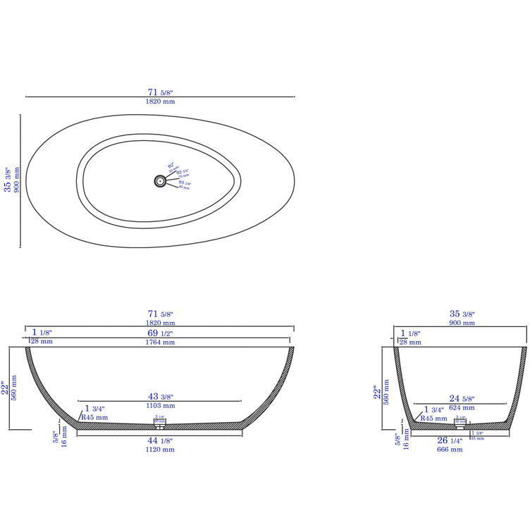72'' Gray Matte Freestanding Oval Concrete Soaking Bathtub