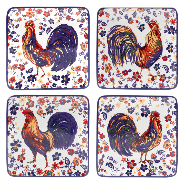Morning Rooster 6" Ceramic Canape Plates Set of 4