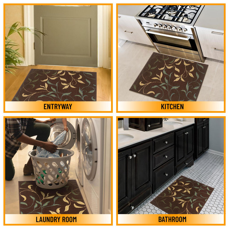 Brown Floral Leaves Non-Slip Washable Area Rug 2'3" x 3'