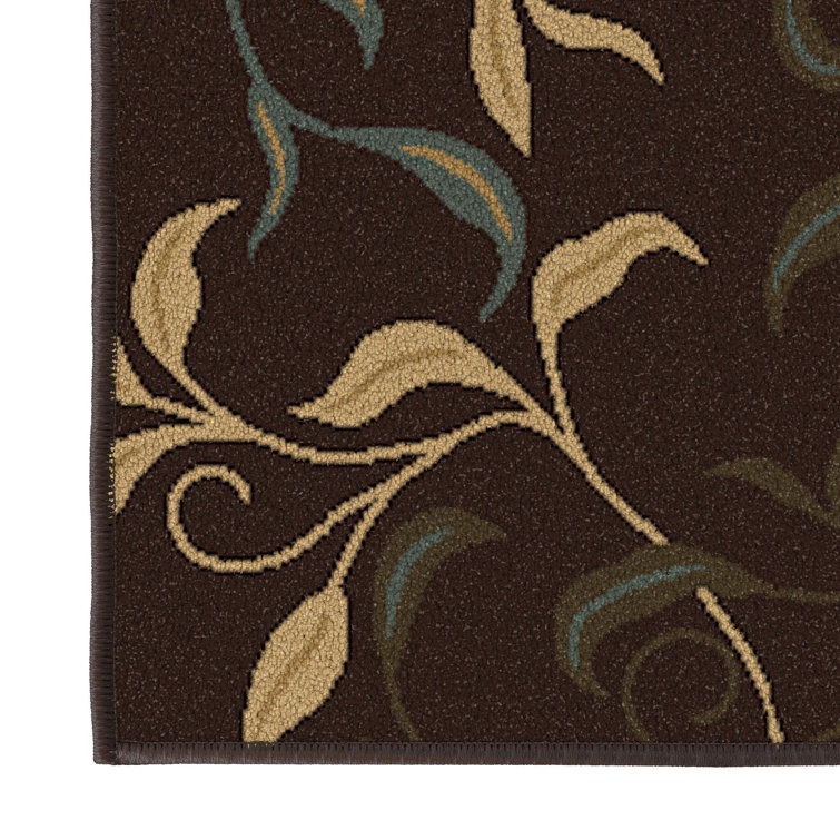 Chocolate Brown and Beige Nylon Runner Rug with Leaf Design