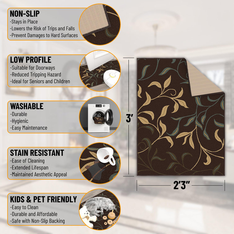 Brown Floral Leaves Non-Slip Washable Area Rug 2'3" x 3'
