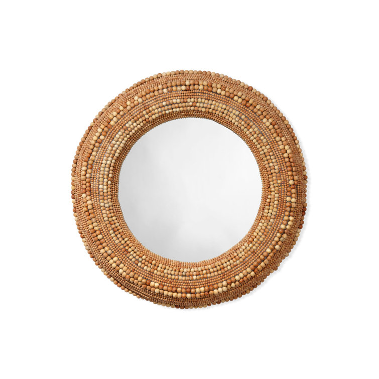 Natural Wood Beaded Round Wall Mirror