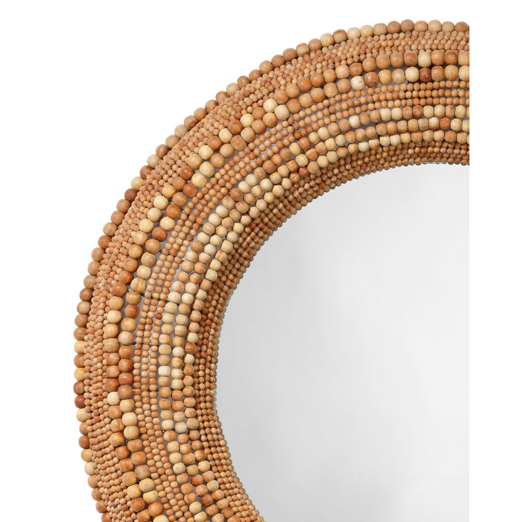 Natural Wood Beaded Round Wall Mirror