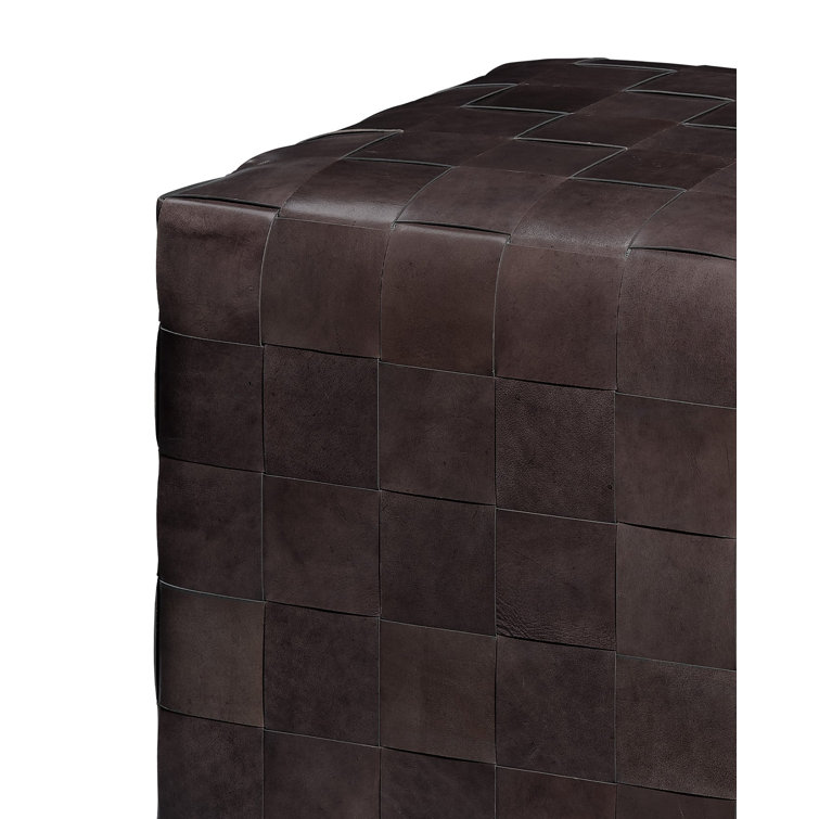 Dark Gray Woven Leather Square Ottoman with Metal Feet