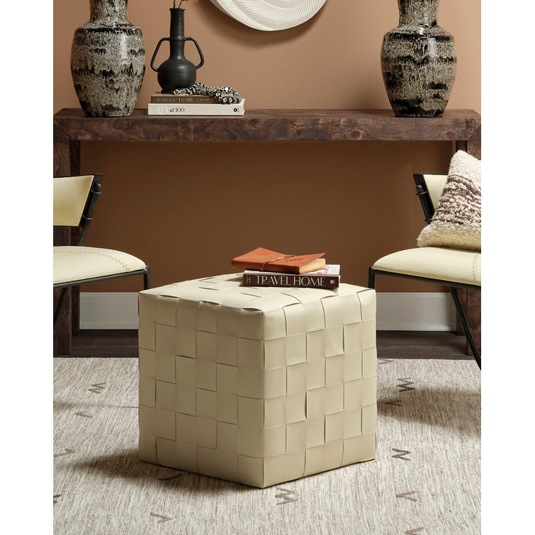 Cream Woven Leather Square Ottoman with Metal Feet