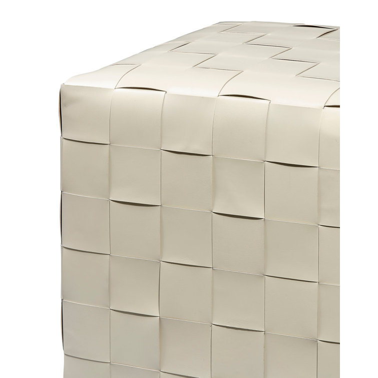 Cream Woven Leather Square Ottoman with Metal Feet