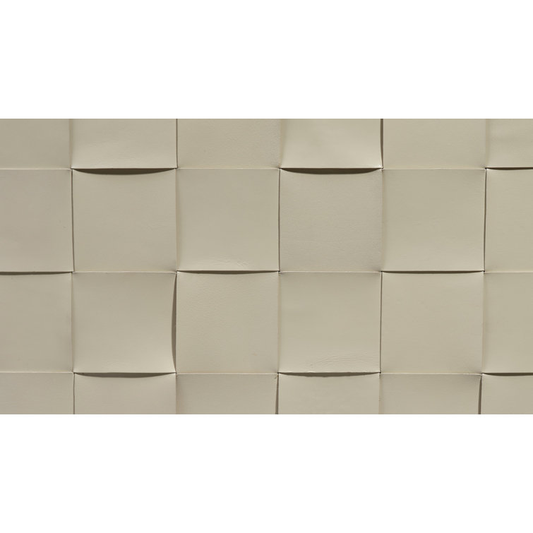 Cream Woven Leather Square Ottoman with Metal Feet