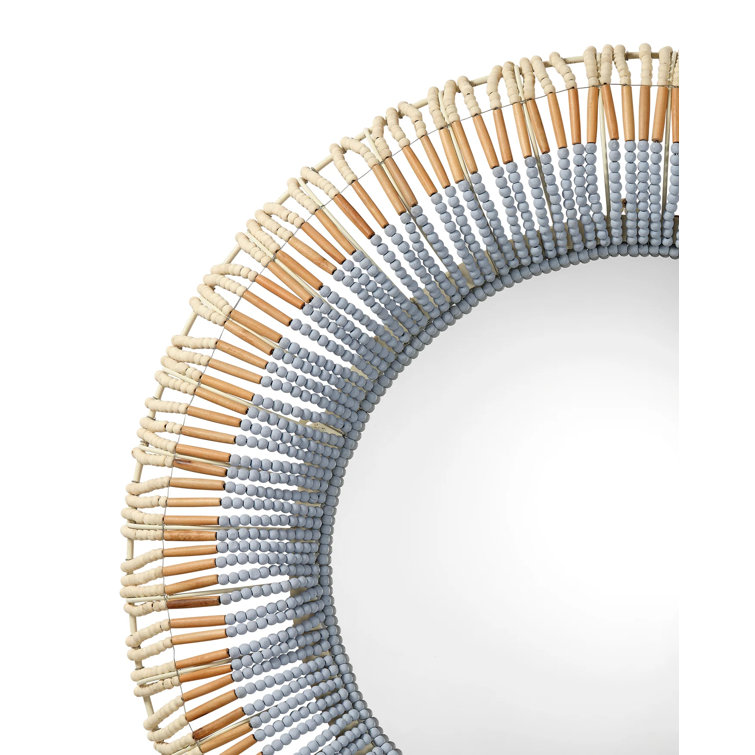 Natural Blue Hand-Carved Beaded Round Wall Mirror