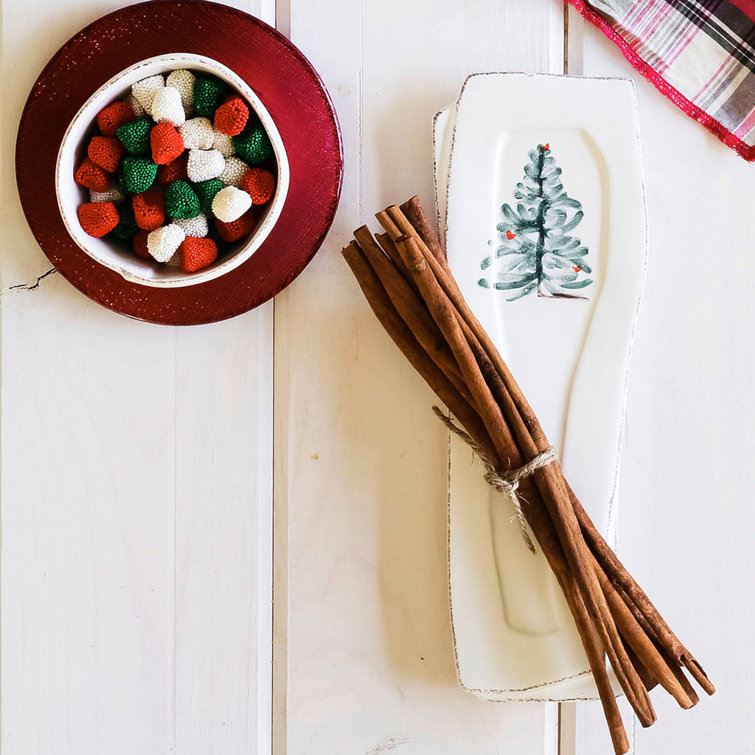 Lastra Holiday White Ceramic Spoon Rest with Fir Tree Design