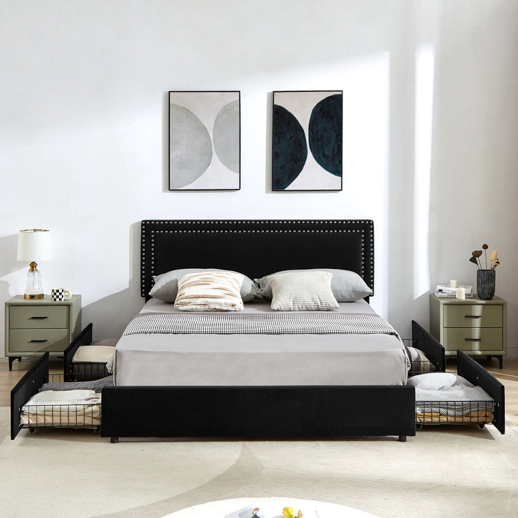 Beige Velvet Upholstered Queen Platform Bed with Storage Drawers