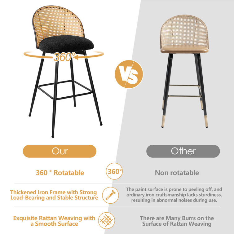 Black Boucle Upholstered Swivel Counter Stools with Iron Frame
