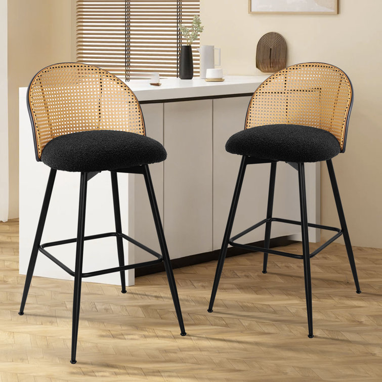 Black Boucle Upholstered Swivel Counter Stools with Iron Frame