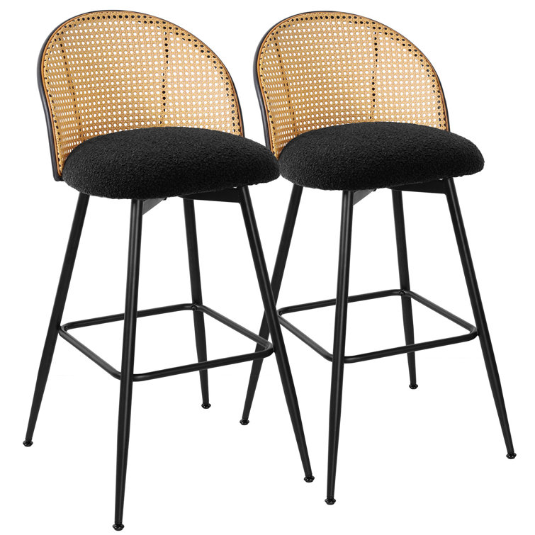 Black Boucle Upholstered Swivel Counter Stools with Iron Frame