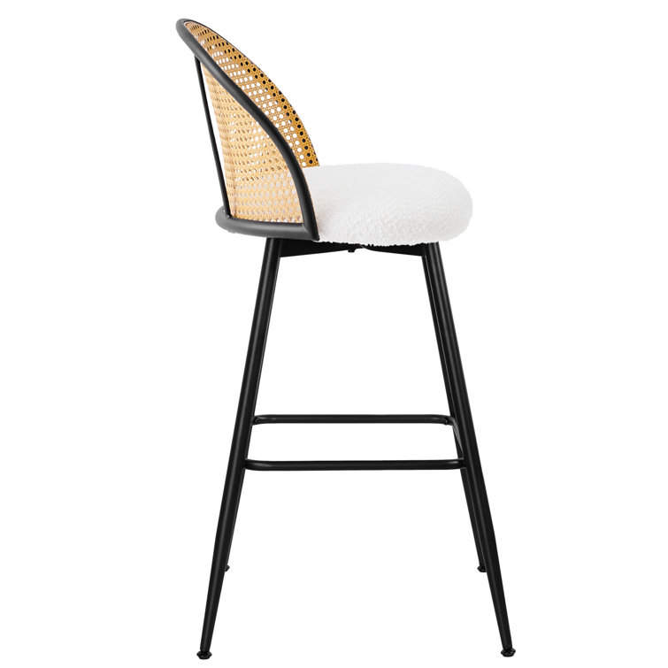 White Boucle Upholstered Swivel Bar Stools with Rattan Back