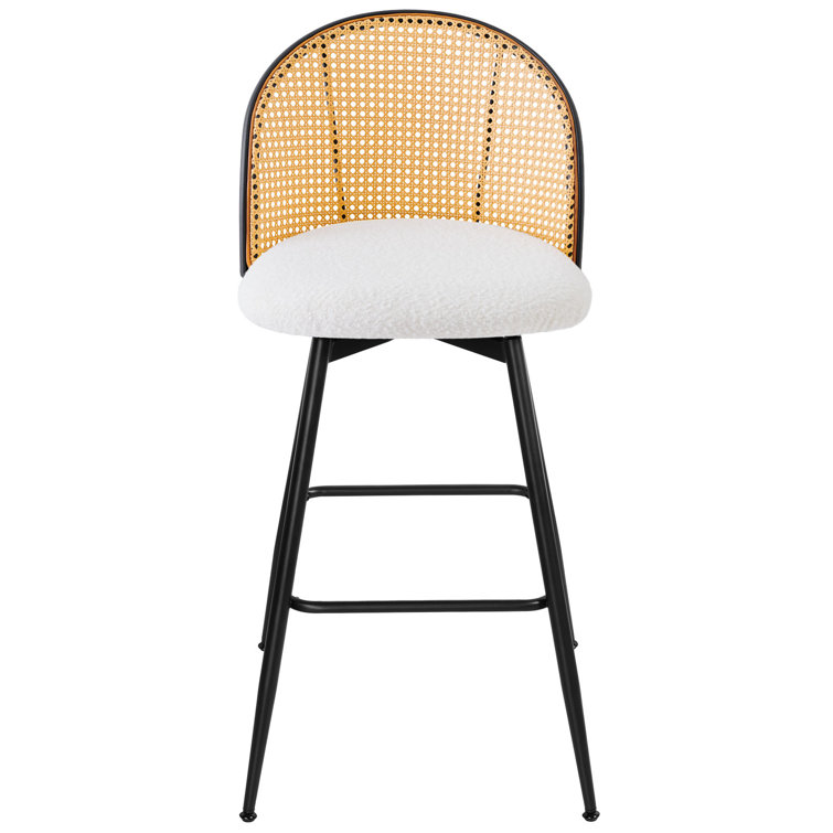White Boucle Upholstered Swivel Bar Stools with Rattan Back
