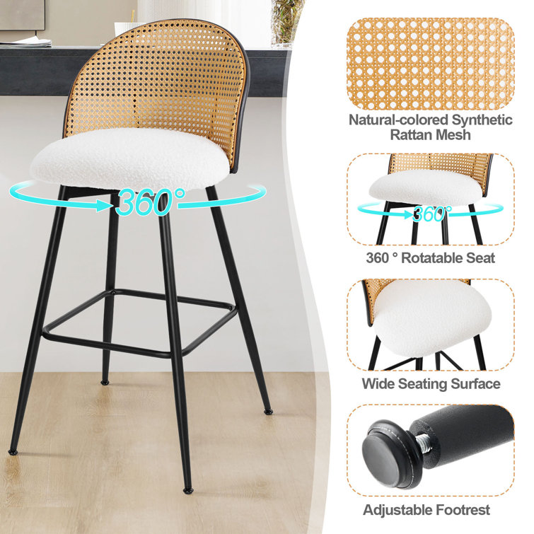 White Boucle Upholstered Swivel Bar Stools with Rattan Back