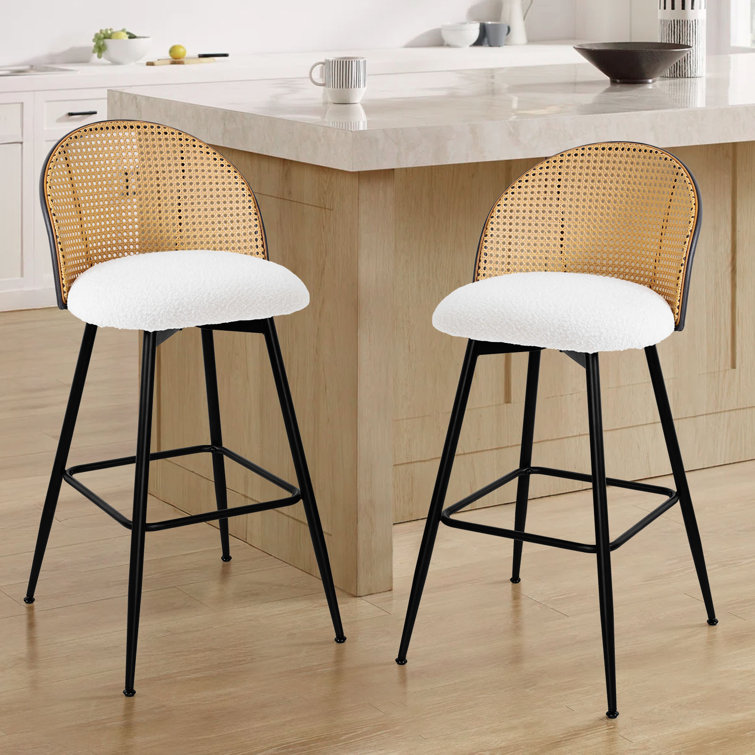 White Boucle Upholstered Swivel Bar Stools with Rattan Back