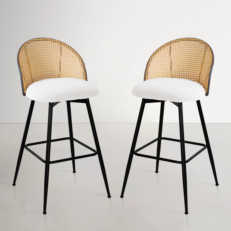 White Boucle Upholstered Swivel Bar Stools with Rattan Back