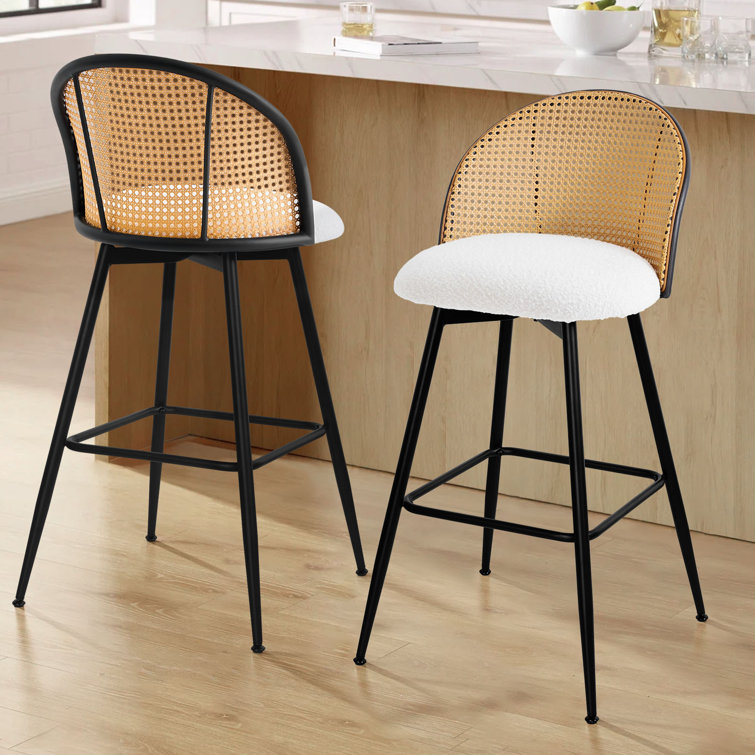 White Boucle Upholstered Swivel Bar Stools with Rattan Back