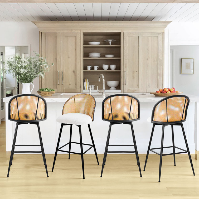 White Boucle Upholstered Swivel Bar Stools with Rattan Back
