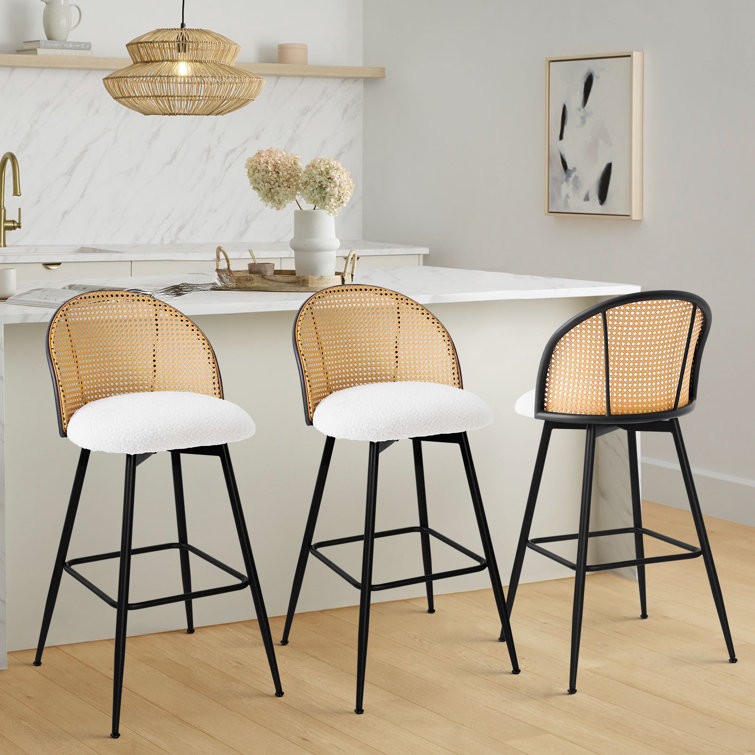 White Boucle Upholstered Swivel Bar Stools with Rattan Back