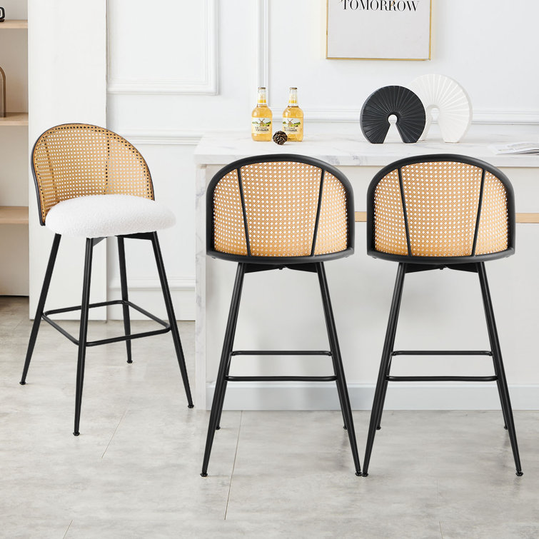 White Boucle Upholstered Swivel Bar Stools with Rattan Back