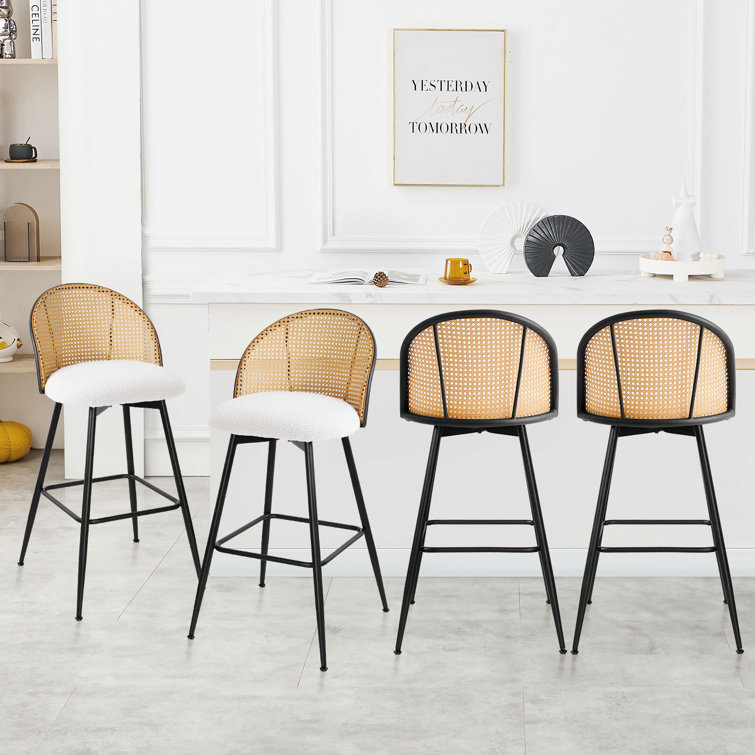 White Boucle Upholstered Swivel Bar Stools with Rattan Back