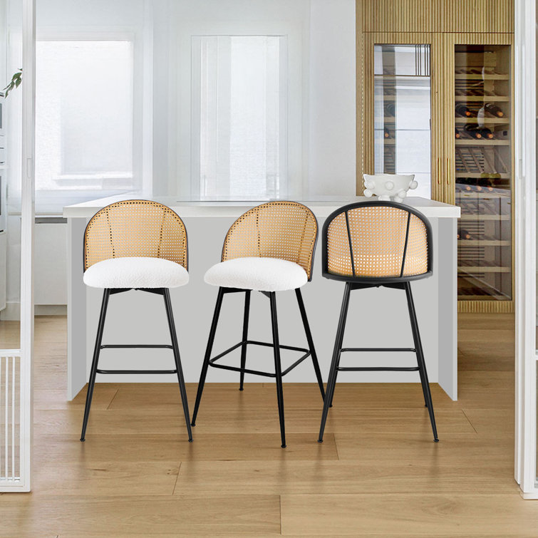 White Boucle Upholstered Swivel Bar Stools with Rattan Back