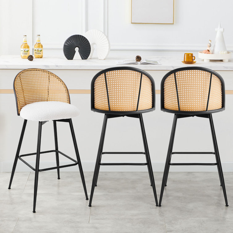 White Boucle Upholstered Swivel Bar Stools with Rattan Back